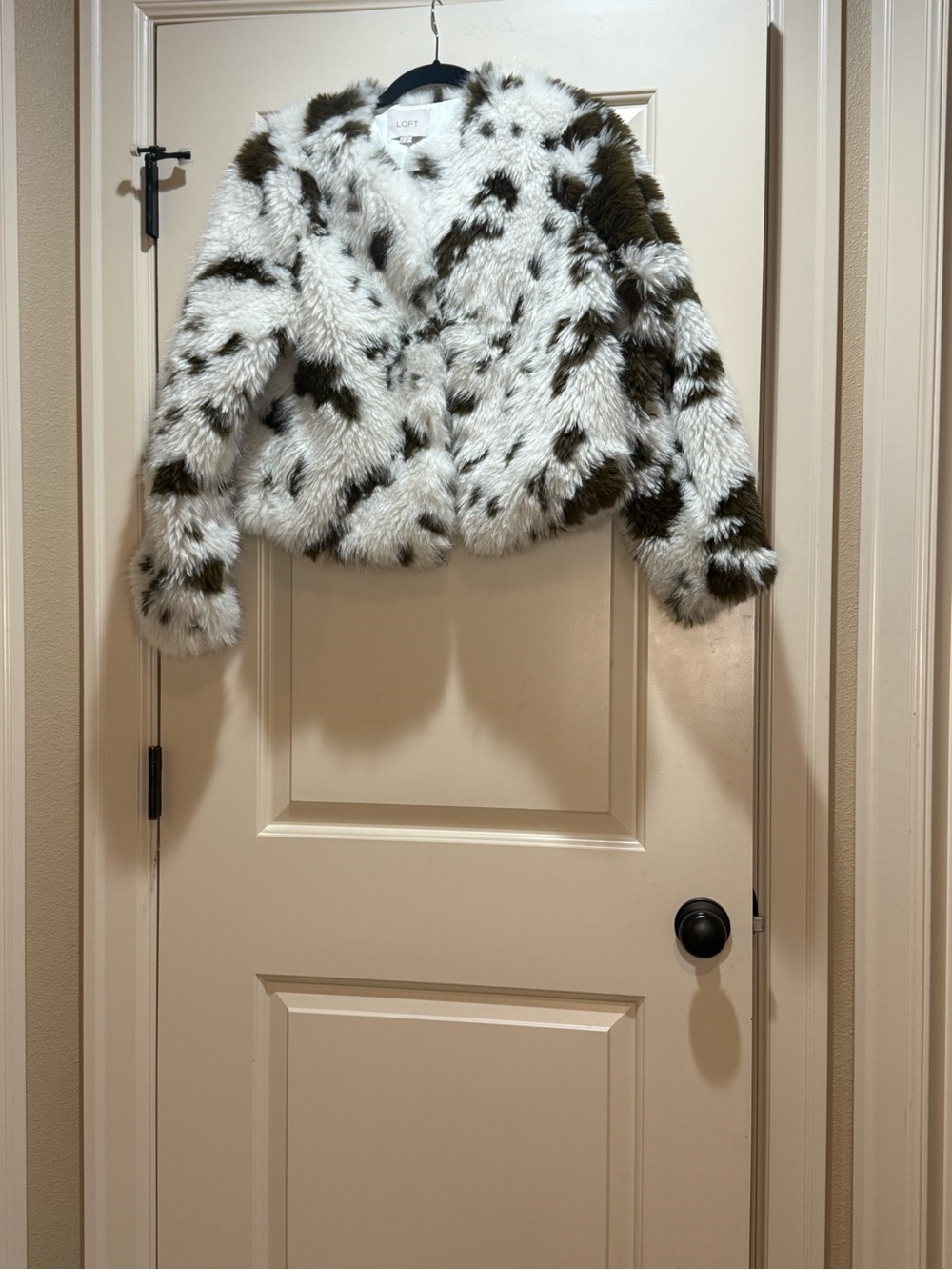 LOFT White Faux Fur Jacket with Olive Spots
